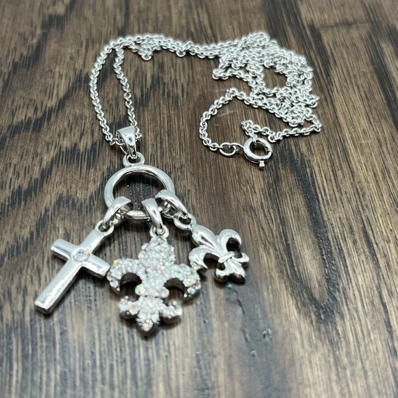 Silver Charm Necklace with Cross and Fleur-de-lis with Rhinestones Necklace - Picture 10 of 14